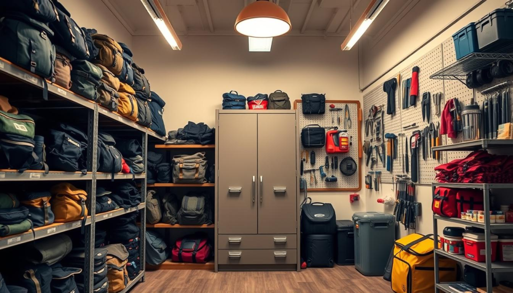 A well-organized storage space displaying a variety of bug out bag storage solutions. In the foreground, sturdy shelves hold neatly stacked backpacks, duffel bags, and other portable containers. The middle ground features a large closet or cabinet with labeled compartments, optimizing space and accessibility. In the background, a wall-mounted pegboard displays a selection of emergency supplies and tools, creating a sense of preparedness. Warm, natural lighting from overhead fixtures casts a calm, reassuring atmosphere, emphasizing the importance of having a designated, organized area for emergency gear. The composition conveys a practical, efficient approach to bug out bag storage, ready for any unexpected situation.