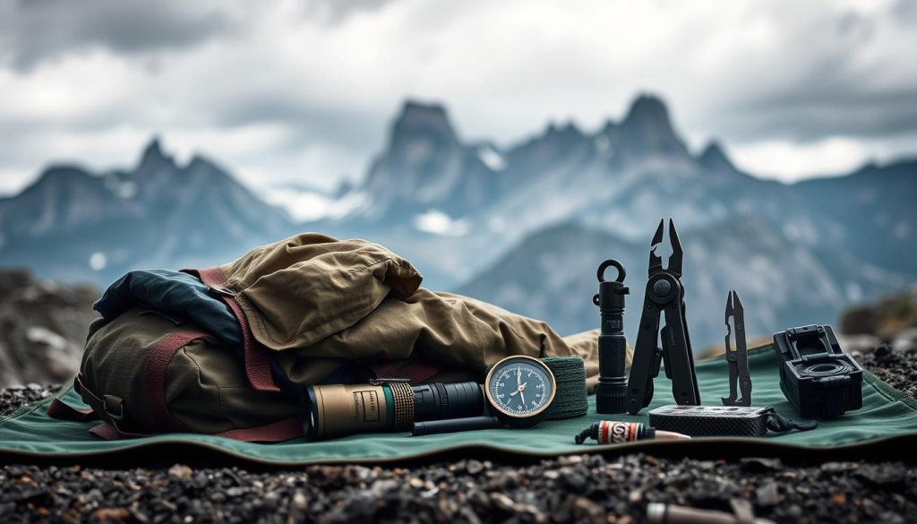 A well-organized survival gear display against a rugged, mountainous backdrop. In the foreground, a sturdy backpack, sleeping bag, and tactical flashlight lay atop a forest-green camping mat. In the middle ground, a weathered compass, firestarter, and multi-tool stand ready for adventure. The background features craggy peaks silhouetted against a moody, overcast sky, conveying a sense of preparedness for the unpredictable. Soft, indirect lighting illuminates the scene, casting subtle shadows and highlighting the utilitarian nature of the survival equipment. An overall atmosphere of resilience and self-reliance pervades the image.