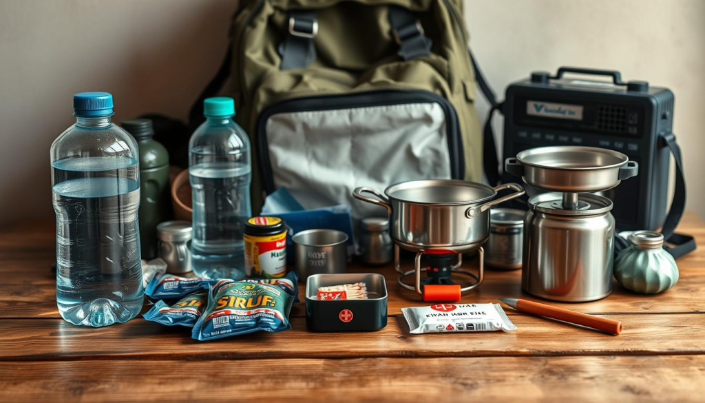 A well-organized urban evacuation kit, neatly arranged on a sturdy wooden table. In the foreground, a water filter, water bottles, and high-calorie energy bars, vital for sustaining life during emergencies. In the middle ground, a compact camping stove, matches, and a pot for boiling water, ensuring the ability to prepare hot meals. In the background, a sturdy backpack, a first-aid kit, and a hand-crank radio, providing essential supplies and communication tools. Soft, natural lighting illuminates the scene, creating a sense of preparedness and resilience. The overall mood is one of pragmatic organization, with each item carefully selected to support survival in an urban crisis.