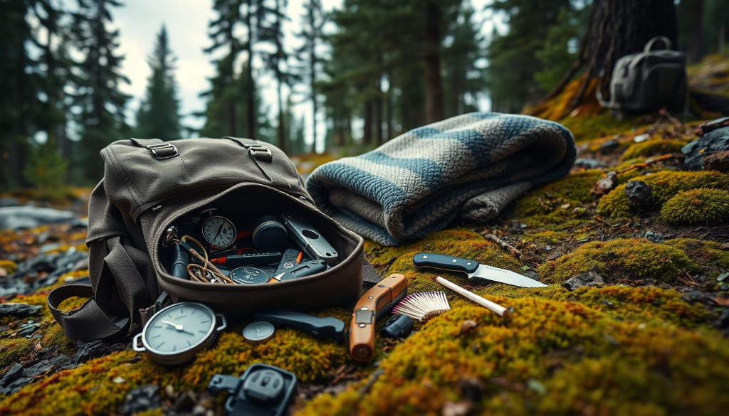 A well-organized wilderness survival kit resting on a rugged, moss-covered forest floor. The foreground features a sturdy canvas backpack, its contents spilling out to reveal essential items like a compass, multi-tool, and waterproof matches. In the middle ground, a thick woolen blanket and durable survival knife are visible, while in the background, tall pine trees and a softly overcast sky set a contemplative, self-reliant mood. Warm, natural lighting casts subtle shadows, conveying a sense of preparedness and determination.