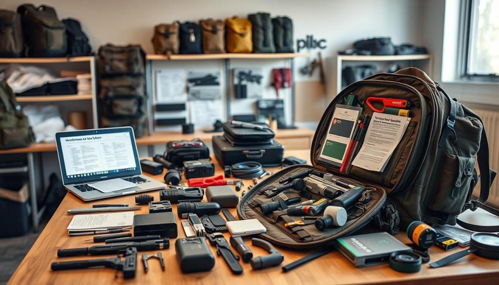 A well-organized workbench in a bright, airy studio, the foreground showcasing an open bug out bag with its contents neatly laid out. Assorted camping gear, survival tools, and emergency supplies are meticulously arranged, as if preparing for a thorough inspection. The middle ground features a laptop displaying checklists and maintenance guides, while the background depicts shelves stocked with additional bags, pouches, and organizational systems. Warm, natural lighting casts a focused, practical atmosphere, emphasizing the importance of diligent preparation and maintenance for the bug out bag.