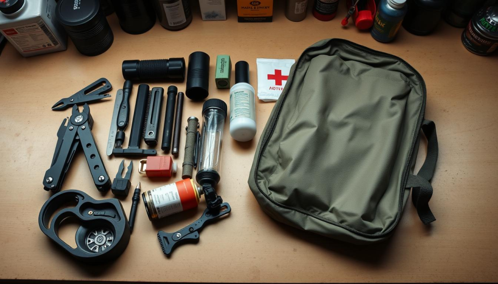 A well-organized workbench showcases the contents of a meticulously maintained bug out bag. Soft, directional lighting illuminates the items - a sturdy multitool, a water filter, a first aid kit, and other essential survival gear. The bag itself, in a neutral tone, lies open, revealing its neatly packed interior. The scene exudes a sense of preparedness and attention to detail, capturing the importance of regularly checking and replenishing the contents of one's bug out bag.