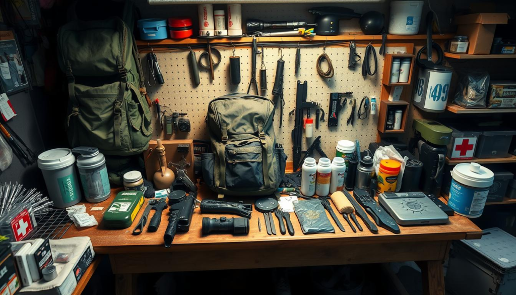 A well-organized workbench with an array of survival gear, including a sturdy backpack, water filters, camping equipment, and first-aid supplies. The lighting is soft and natural, casting a warm glow on the scene. The camera angle is slightly elevated, giving a comprehensive view of the customization process. The overall atmosphere conveys a sense of preparedness and efficiency, with the protagonist meticulously arranging and modifying the gear to suit their specific needs for a potential disaster scenario.