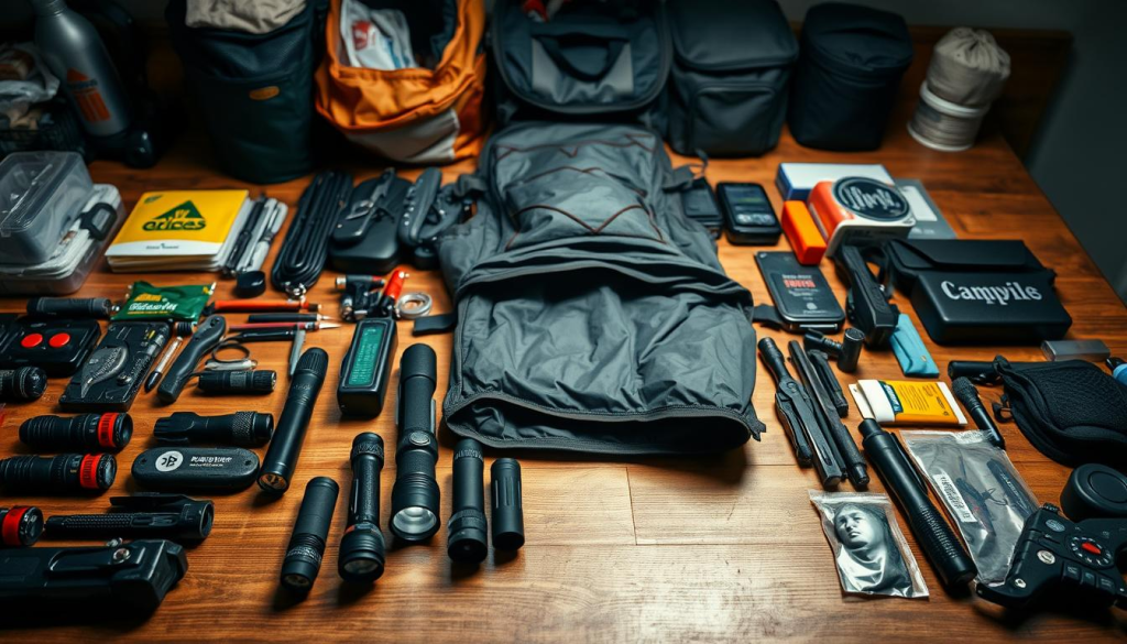 A well-organized workspace with a sturdy wooden table, neatly arranged supplies for bug out bag maintenance. In the foreground, various camping tools, flashlights, and survival kits are carefully inspected and organized. The middle ground showcases a partially unpacked bug out bag, its contents spilled out for inventory and repacking. Soft, directional lighting illuminates the scene, casting subtle shadows that add depth and texture. The overall atmosphere is one of focused preparation, conveying a sense of purposeful organization and readiness for any emergency.