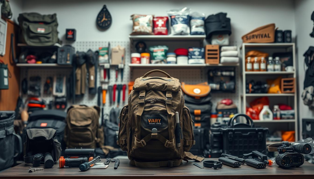 A well-organized workspace with neatly arranged survival gear, tactical backpacks, and emergency supplies. Soft, diffused lighting illuminates the scene, casting a warm, reassuring glow. In the foreground, a rugged, high-quality bug out bag is meticulously inspected, its contents carefully organized and maintained. The middle ground features various tools and accessories, each placed with purposeful attention to detail. In the background, shelves and storage units hold additional emergency kits, first aid supplies, and other essential items. The overall atmosphere conveys a sense of preparedness, resilience, and a dedication to self-reliance.