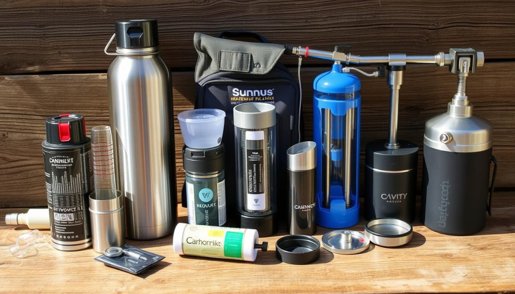 A well-stocked array of water filtration products, including a sturdy stainless steel water bottle with built-in filter, a compact backpacking water filter, and a gravity-fed water purifier system. The items are arranged neatly on a rustic wooden surface, with natural lighting casting a warm, outdoorsy glow. The scene conveys a sense of preparedness and self-reliance, perfect for the "Best Water Sources and Filtration Products on Amazon" section of the "Ultimate Bug Out Bag Amazon List" article.
