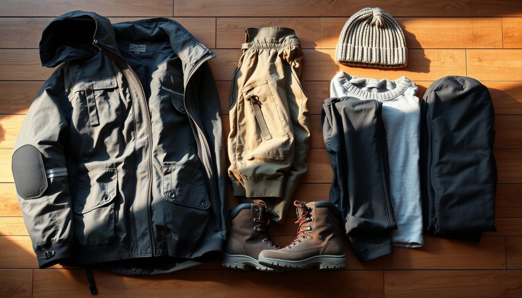 A well-stocked bug out bag filled with essential clothing for every season: a rugged yet breathable jacket with reinforced elbows and pockets, cargo pants with multiple utility loops, lightweight yet durable hiking boots with a sturdy tread, a moisture-wicking base layer, and a warm knit beanie. The items are neatly laid out on a wooden surface, illuminated by a soft, natural light that casts gentle shadows, creating a sense of organization and preparedness. The overall mood is one of practicality and adventure, with the clothing conveying a balance of functionality and style.
