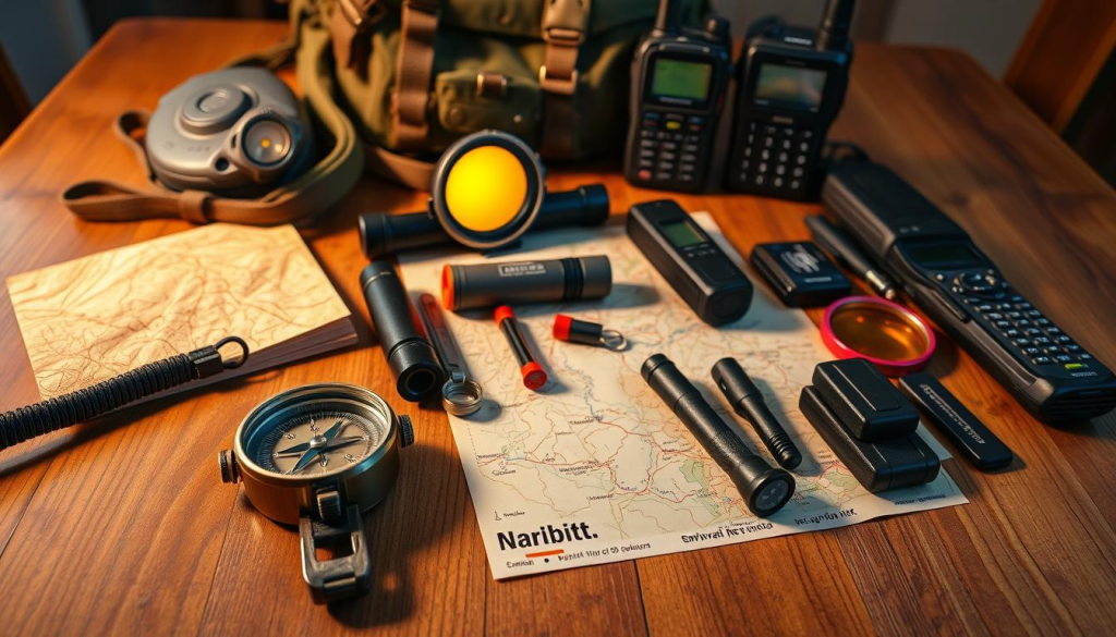 A well-stocked bug out bag lays out an array of essential navigation tools on a sturdy wooden table. In the foreground, a compass, topographic map, and GPS device gleam under warm task lighting. The middle ground features a sturdy flashlight, whistle, and emergency signal mirror. In the background, a walkie-talkie and satellite phone stand ready to establish critical communications. The scene conveys a sense of preparedness and resilience, with each tool meticulously arranged for maximum functionality in a survival situation.