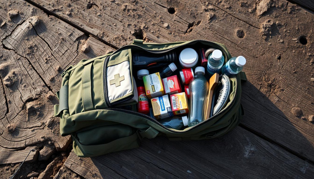 A well-stocked bug out bag resting on a rugged, weathered wooden surface. The bag is open, revealing its organized contents - a first aid kit, survival tools, non-perishable food, water bottles, and other essential gear. Soft, directional lighting casts subtle shadows, highlighting the textures and details of the items. The overall composition conveys a sense of preparedness and self-reliance, embodying the theme of "Expert Tips for Choosing the Right Size" for a bug out bag.