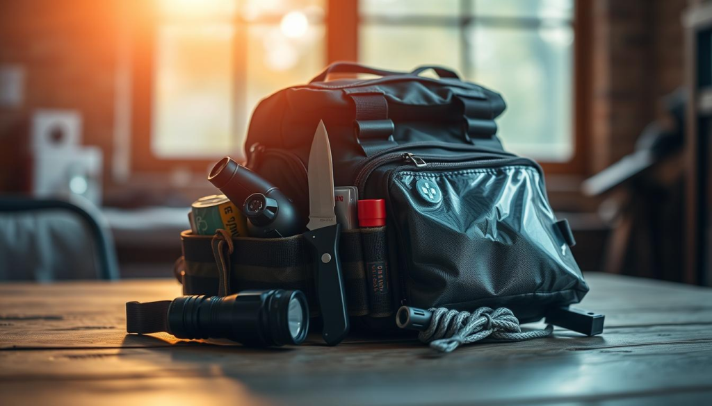 A well-stocked bug out bag resting on a wooden surface, illuminated by warm, natural light filtering through a window. The bag's contents are partially visible, hinting at its importance - a survival knife, a flashlight, a first-aid kit, and other essential gear. The background is blurred, creating a sense of focus on the bag, emphasizing its significance. The composition is balanced, with the bag positioned to draw the eye, conveying the benefits and preparedness it represents.