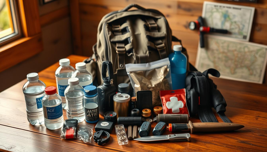 A well-stocked bug out bag resting on a wooden table, illuminated by warm, natural lighting. In the foreground, a range of practical items neatly arranged: water bottles, first-aid kit, multi-tool, fire starter, and a sturdy knife. The middle ground features a durable backpack, its straps and compartments visible, conveying a sense of preparedness. In the background, a map, a compass, and a flashlight hint at the navigational and illumination tools essential for survival. The overall atmosphere evokes a mood of readiness and self-reliance, with a focus on the key features that make an effective bug out bag.