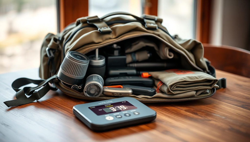 A well-stocked bug out bag resting on a wooden table, its contents neatly arranged to showcase the ideal weight distribution. Soft, natural lighting illuminates the scene, capturing the tactical and practical nature of the gear. In the foreground, a digital scale displays the optimal weight, while in the middle ground, individual items such as a water filter, survival knife, and emergency blanket are visible. The background blurs softly, focusing the viewer's attention on the carefully curated bag, conveying a sense of preparedness and organization.