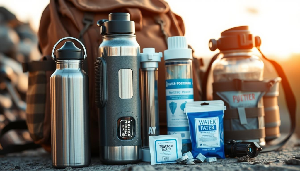 A well-stocked bug-out bag should feature a variety of hydration options. In the foreground, a sleek stainless steel water bottle and a sturdy, collapsible canteen capture the eye. In the middle ground, a high-quality water filter and a set of water purification tablets suggest the means to make any water source drinkable. In the background, a rugged backpack and survival gear hint at the overall preparedness of the setup. The scene is bathed in warm, natural lighting, conveying a sense of readiness and self-reliance. The composition is balanced and visually appealing, showcasing the essential hydration tools for any emergency situation.
