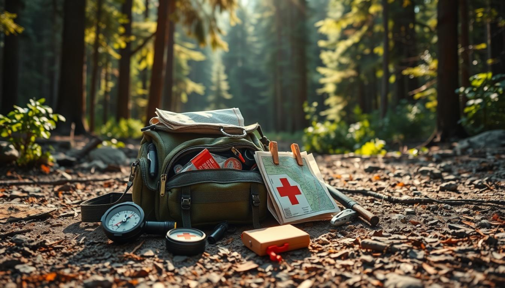 A well-stocked bug out bag sits on a rugged forest floor, its contents meticulously arranged. In the foreground, a compass, flashlight, and first-aid kit hint at the bag's practical utility. Sunlight filters through the canopy, casting a warm glow over the scene. In the middle ground, a map and survival tools suggest the bag's preparedness for navigation and self-reliance. The background features a dense, lush forest, conveying a sense of tranquility and resilience. The overall mood is one of confident, responsible preparedness, reflecting the potential benefits of a well-curated bug out bag in a real-life scenario.