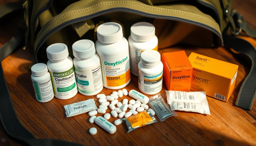 A well-stocked bug out bag with an assortment of essential antibiotics, including amoxicillin, ciprofloxacin, and doxycycline, neatly displayed on a wooden surface. The lighting is warm and natural, casting a gentle glow over the medications. The camera angle is slightly elevated, providing a clear and comprehensive view of the items. The overall mood is one of preparedness and practicality, reflecting the importance of being equipped with the necessary medical supplies for emergency situations.