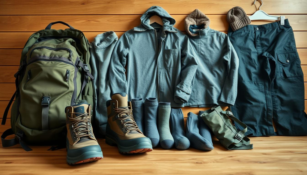 A well-stocked emergency clothing kit, neatly arranged on a wooden table. In the foreground, a sturdy backpack, hiking boots, and a waterproof jacket. In the middle ground, a thermal base layer, thick socks, and a compact rain poncho. In the background, a lightweight, breathable shirt, cargo pants, and a warm beanie. Soft, diffused lighting illuminates the scene, creating a sense of preparedness and practicality. The overall mood is one of preparedness and resilience, with a touch of rugged utility.