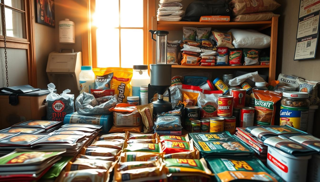 A well-stocked emergency food supply for a 4-person bug-out bag, illuminated by warm sunlight streaming through a window. In the foreground, rows of packaged meals, protein bars, and canned goods neatly arranged. The middle ground showcases a water filtration system, a camping stove, and emergency rations. In the background, shelves holding additional supplies like freeze-dried foods, energy gels, and emergency blankets. The scene conveys a sense of preparedness and organization, with a focus on practicality and functionality to sustain a group during unexpected events.