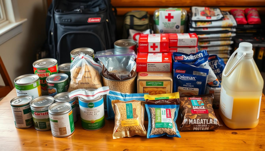 A well-stocked emergency food supply for four people, arranged neatly on a wooden table. In the foreground, cans of non-perishable goods, bags of rice and pasta, boxes of protein bars, and sealed water bottles. In the middle ground, a Coleman camping stove and a stack of emergency meal kits. In the background, a survival backpack and a first-aid kit, suggesting a comprehensive preparedness setup. Warm, natural lighting illuminates the scene, creating a sense of safety and organization. The overall mood is one of diligence and self-reliance, with the supplies conveying a feeling of being ready for any unexpected situation.