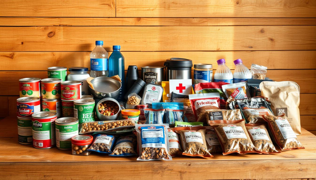 A well-stocked emergency food supply, neatly arranged on a sturdy wooden table. In the foreground, rows of canned goods, dried fruits, and sealed pouches of energy bars, their labels clearly visible. In the middle ground, water bottles, portable water filters, and compact cookware nestle alongside compact first-aid kits. The background features a rustic, natural-wood wall, casting a warm, golden light over the scene, conveying a sense of preparedness and self-reliance. Shot with a wide-angle lens to capture the full breadth of the supplies, the image exudes a mood of resilience and calm in the face of potential crisis.