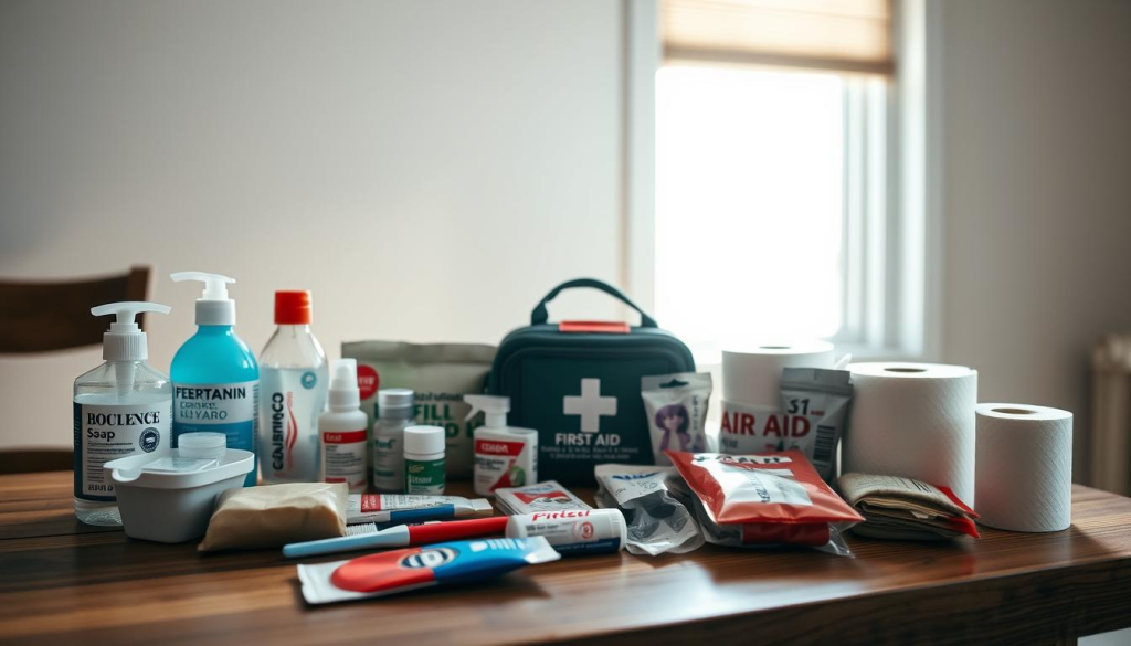 A well-stocked emergency hygiene kit on a wooden table, illuminated by natural light streaming through a window. In the foreground, an assortment of essential items including soap, toothpaste, toothbrush, hand sanitizer, and feminine products. In the middle ground, a compact first aid kit and a roll of toilet paper. The background features a neutral wall, adding a sense of order and preparedness. The overall mood is one of practical utility, with a touch of warm, earthy tones to convey a feeling of reassurance and self-reliance.
