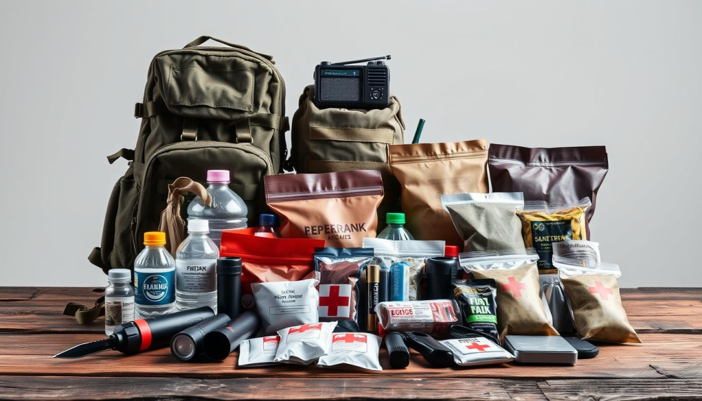 A well-stocked emergency kit for wartime, displayed on a rugged wooden table. In the foreground, a collection of essential supplies - water bottles, first aid kits, flashlights, batteries, and non-perishable food rations. In the middle ground, a sturdy military-grade backpack, a weather-resistant radio, and a survival knife. The background is dominated by a neutral, muted color palette, conveying a sense of preparedness and resilience. Soft, even lighting illuminates the scene, emphasizing the practical and functional nature of the items. The overall mood is one of calm determination, underscoring the importance of being prepared for potential crises.