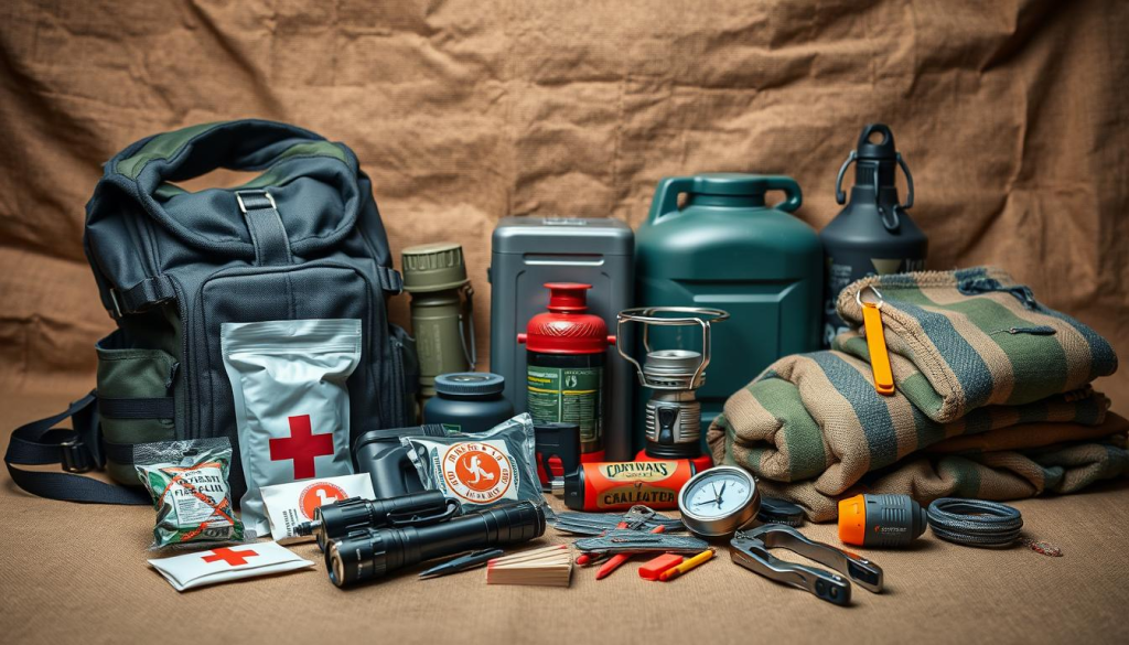 A well-stocked emergency kit for wartime evacuation, featuring essential supplies meticulously arranged on a rugged canvas backdrop. In the foreground, a durable backpack, flashlight, first-aid kit, and waterproof matches sit neatly. In the middle ground, a compact camping stove, a jerry can filled with fuel, and a survival blanket convey preparedness. The background showcases a sturdy military-grade compass, a multi-tool, and a high-visibility whistle, all bathed in a warm, muted lighting that evokes a sense of readiness and resilience.