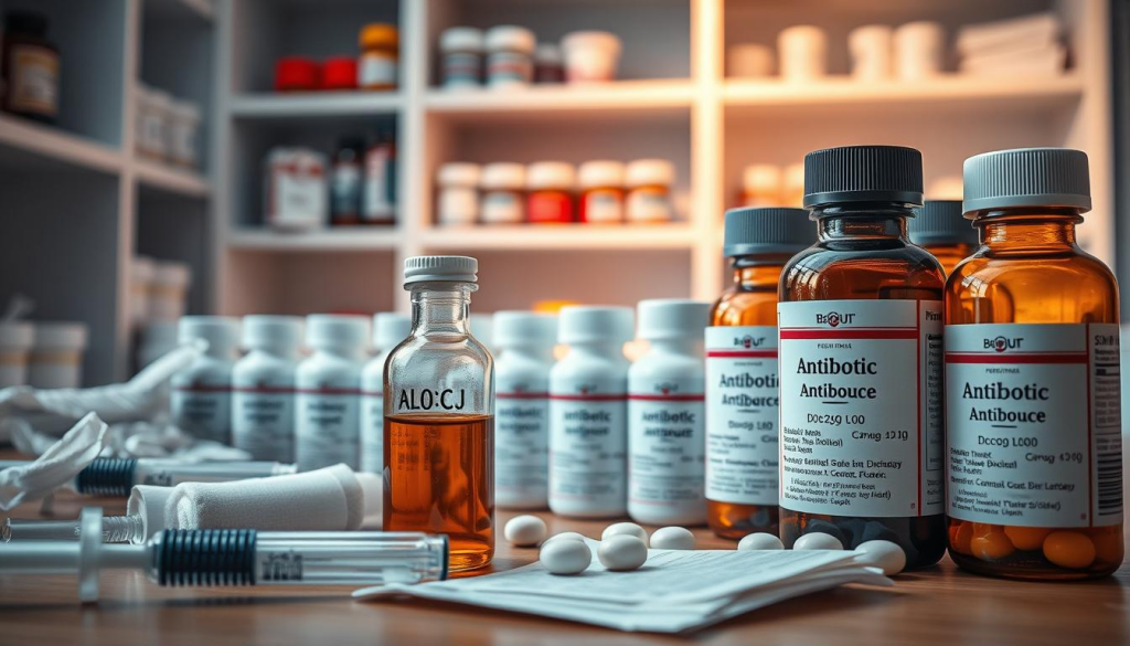 A well-stocked emergency medical kit with an array of essential antibiotics. In the foreground, a glass bottle filled with amber-colored liquid, accompanied by a syringe, gauze, and bandages. The middle ground showcases a range of pill bottles, each labeled with the antibiotic name and dosage. In the background, a clean, clinical setting with white shelves and a minimalist design, conveying a sense of preparedness and order. Soft, natural lighting casts a warm glow, highlighting the importance of these crucial medical supplies. The overall mood is one of preparedness and reassurance, emphasizing the significance of these antibiotics in a bug-out scenario.