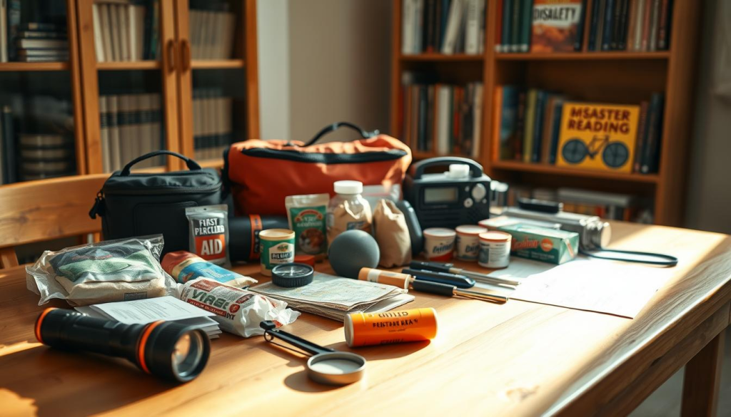 A well-stocked emergency preparedness kit laid out on a wooden table, illuminated by warm, natural lighting. In the foreground, essential items like flashlights, first-aid supplies, and non-perishable food are neatly arranged. In the middle ground, a map, a compass, and a battery-powered radio convey the importance of information and communication. The background features a bookshelf with relevant disaster readiness guides, underscoring the need for knowledge and planning. The overall atmosphere is one of organization, resourcefulness, and a sense of calm preparedness.