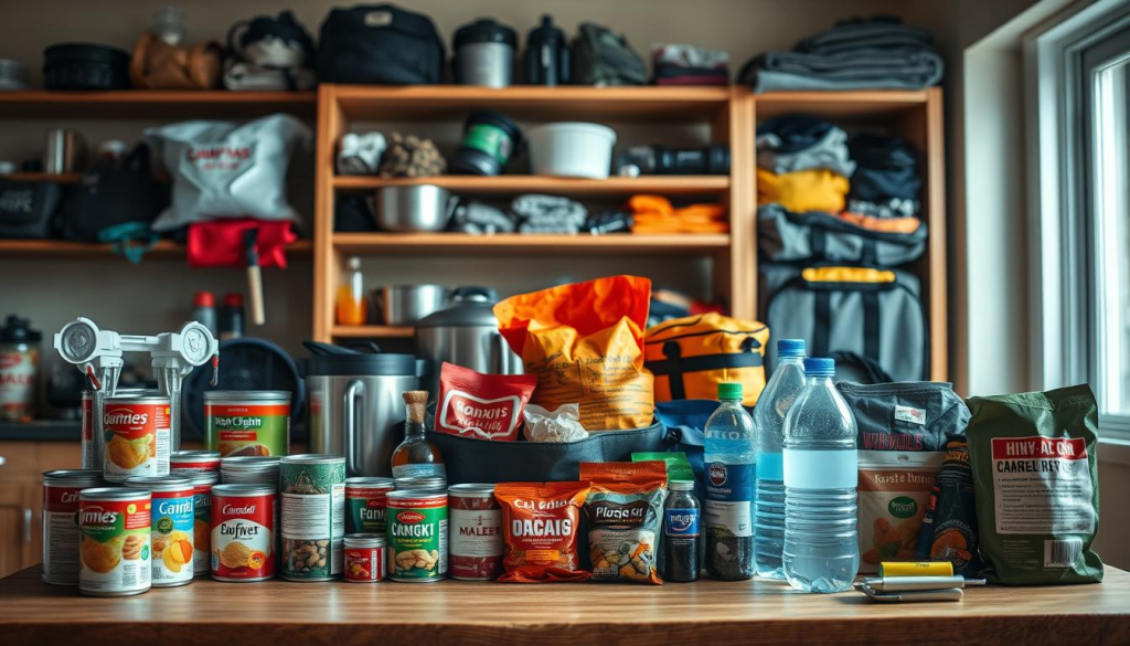 A well-stocked emergency preparedness supplies table in a warm, inviting kitchen setting. In the foreground, a variety of canned goods, bottled water, and high-calorie snacks are neatly arranged. In the middle ground, camping cookware, water filtration systems, and first aid kits are displayed. The background features a wooden shelving unit stocked with additional survival gear, including flashlights, batteries, and emergency blankets. Soft, natural lighting illuminates the scene, creating a sense of preparedness and calm. The overall atmosphere conveys a sense of readiness and self-reliance.