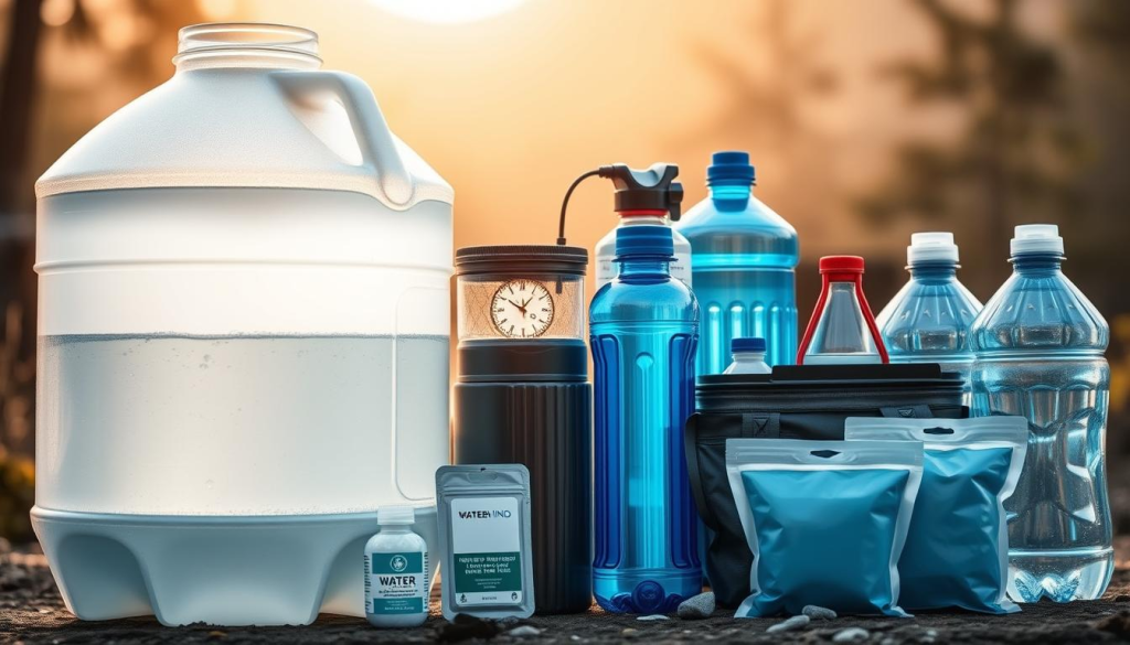 A well-stocked emergency water supply, featuring a variety of containers and purification methods. In the foreground, a sturdy 5-gallon water jug, its surface reflecting the warm, natural lighting. Alongside, a high-quality water filter and water purification tablets, symbolizing the importance of clean, drinkable water during a crisis. In the middle ground, an array of reusable water bottles and collapsible water pouches, ready for quick deployment. The background showcases a serene, wilderness-inspired setting, evoking the need for self-sufficiency and preparedness in the face of unpredictable emergencies.
