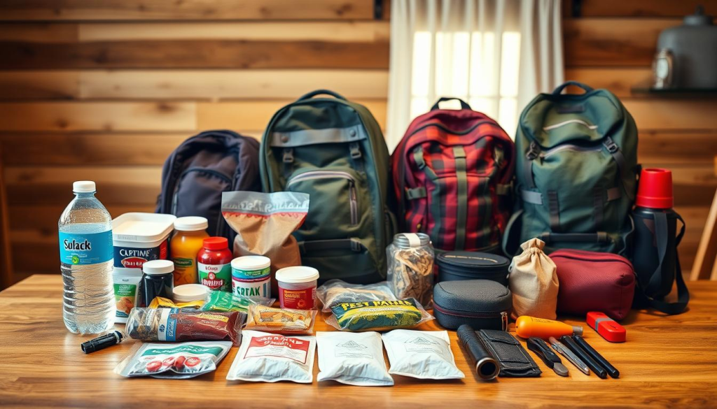 A well-stocked family bug out bag neatly arranged on a wooden table. In the foreground, an assortment of essential supplies - water, non-perishable food, first aid kit, flashlight, and survival tools. In the middle ground, backpacks of varying sizes, each packed with personalized items for different family members. The background features a warm, natural lighting that casts a cozy ambiance, suggesting a sense of preparedness and security. The overall composition conveys a practical, organized, and family-oriented approach to emergency preparedness.