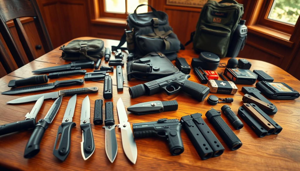 A well-stocked family prepper's gear array, laid out on a sturdy oak table. In the foreground, a selection of high-quality tactical knives, folding shovels, and compact flashlights. The middle ground showcases a modern handgun, its holster alongside extra magazines and cleaning tools. In the background, a rugged backpack, a portable radio, and a first-aid kit with essential supplies. Warm, natural lighting from a nearby window casts a sense of preparedness and security. The overall mood is one of careful organization and readiness, conveying the importance of safeguarding one's loved ones in uncertain times.