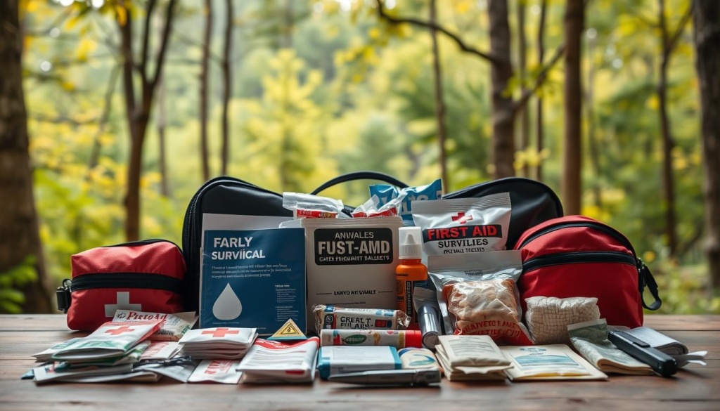 A well-stocked family survival kit against a warm, natural backdrop. In the foreground, neatly arranged medical essentials: bandages, antiseptic, gauze, and a first aid manual. In the middle ground, an array of essential supplies - water purification tablets, emergency blankets, and a multi-tool. The background features a lush, verdant forest scene, conveying a sense of preparedness and self-reliance. Soft, diffused lighting illuminates the scene, creating a calming, reassuring atmosphere. Captured with a medium-wide angle lens to showcase the comprehensive nature of the kit.