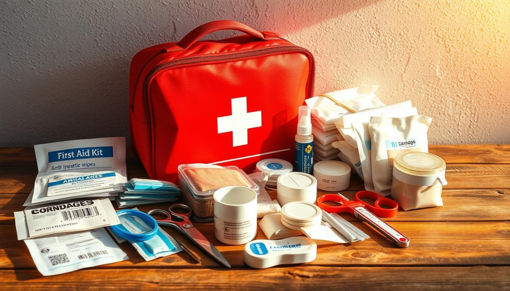 A well-stocked first aid kit arranged on a rustic wooden surface, bathed in warm, natural lighting. The kit contains essential items like bandages, antiseptic wipes, gauze pads, medical tape, scissors, tweezers, and a thermometer, neatly organized and easily accessible. The scene conveys a sense of preparedness and self-reliance, with the supplies ready to address a variety of minor medical emergencies. The background features a subtle, textured wall, adding depth and a sense of context to the composition.