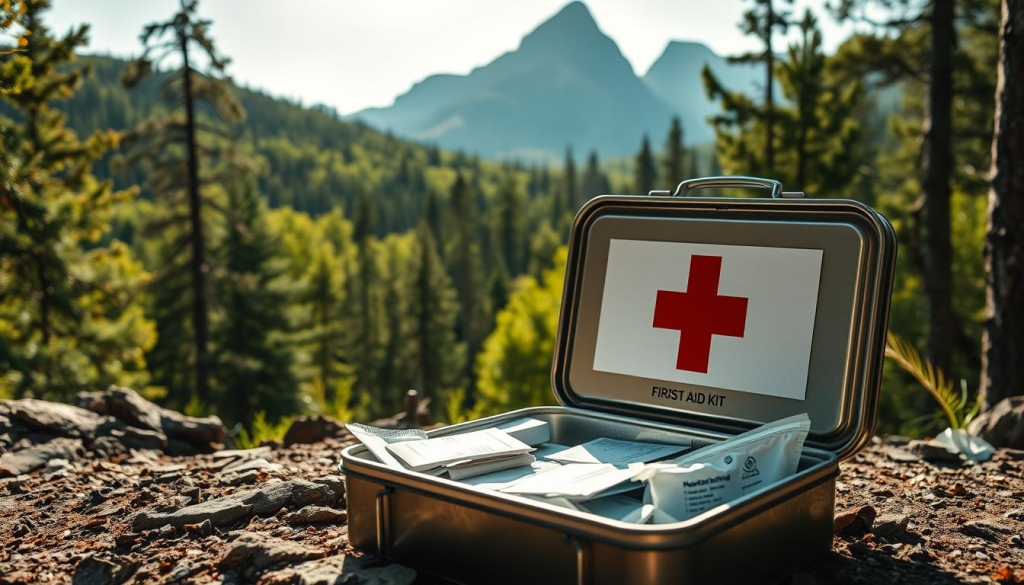 A well-stocked first aid kit nestled amidst a rugged, outdoor landscape. In the foreground, a sturdy metal container with a prominent red cross logo, filled with bandages, antiseptic wipes, and medical supplies. The middle ground showcases a lush, verdant forest backdrop, with sunlight filtering through the canopy. In the distance, a towering mountain range stands tall, hinting at the adventurous nature of the setting. The overall mood is one of preparedness and self-reliance, with a touch of natural tranquility. The lighting is warm and inviting, captured through a wide-angle lens to convey a sense of expansiveness and exploration.