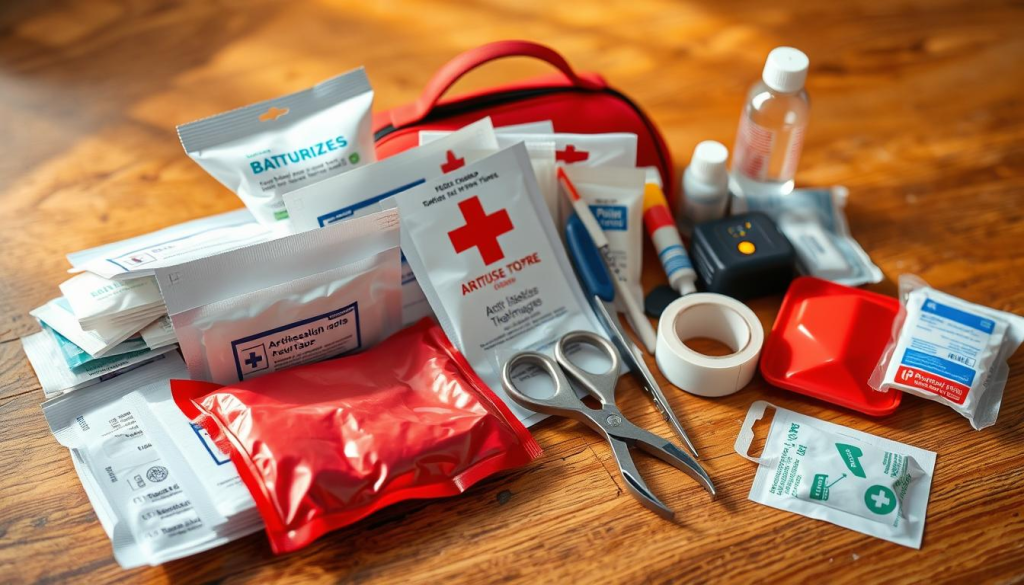 A well-stocked first aid kit nestled on a wooden surface, illuminated by warm, natural light. In the foreground, essential items such as bandages, antiseptic wipes, gauze pads, and medical tape are neatly arranged. The middle ground features a pair of scissors, tweezers, and a thermometer, all positioned with precision. In the background, a small bottle of pain medication and a compact flashlight add to the comprehensive collection of emergency supplies, creating a sense of preparedness and resilience.