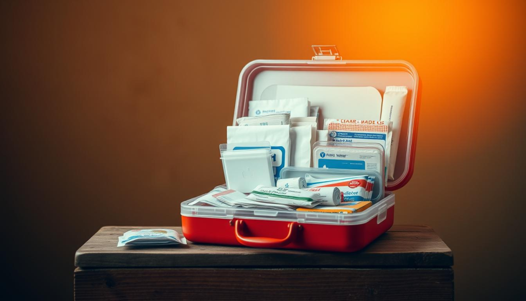 A well-stocked first aid kit resting on a sturdy wooden surface, illuminated by warm, diffused lighting from above. The kit's contents are neatly organized, with bandages, antiseptic wipes, gauze pads, and other essential medical supplies visible through a transparent case. The background is a muted, earthy tone, creating a soothing, reassuring atmosphere. The kit is photographed from a slightly elevated angle, conveying a sense of reliability and preparedness, ready to address any unexpected medical needs in an emergency situation.