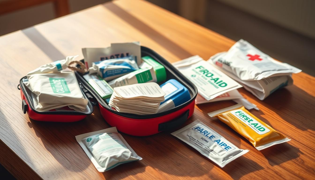 A well-stocked first aid kit resting on a wooden table, bathed in warm, natural lighting. The kit's contents are neatly organized, with bandages, antiseptic wipes, gauze pads, and other essential medical supplies arranged in a visually appealing manner. The overall scene conveys a sense of preparedness and care, perfectly suited for the "First Aid Essentials" section of the "Bug Out Bag Guide: Equip Yourself for Any Emergency" article.