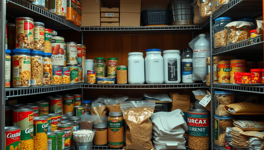 A well-stocked pantry filled with an assortment of canned goods, dried foods, and emergency rations, neatly organized on sturdy metal shelves. The foreground showcases a variety of non-perishable items such as canned beans, rice, pasta, and bottled water, while the middle ground features larger containers of flour, sugar, and other staples. The background is dimly lit, with a warm, amber-toned lighting that casts a cozy glow over the scene, conveying a sense of preparedness and self-reliance. The overall composition emphasizes the importance of a comprehensive emergency food stockpile for a family of five, ready to withstand any unexpected disruptions.