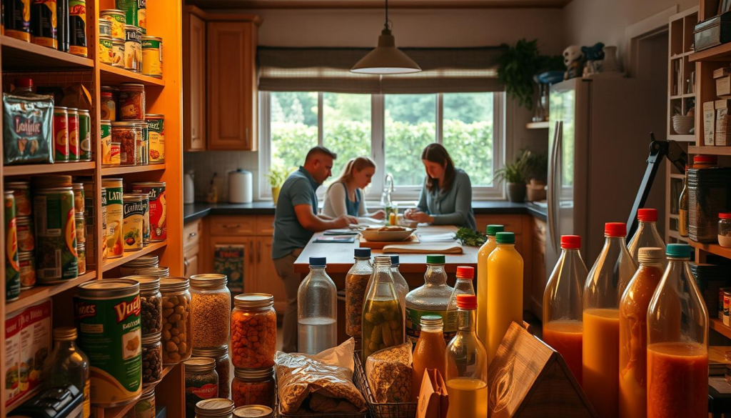 A well-stocked pantry with an assortment of canned goods, dried foods, and bottled water stands in the foreground, illuminated by warm, natural lighting. In the middle ground, a family of six is gathered around a table, planning their meals and prepping ingredients. The background showcases a cozy, homely kitchen with wooden cabinetry and a view of a lush, verdant garden through a large window, hinting at self-sufficiency. The overall scene conveys a sense of preparedness, resilience, and a commitment to providing for loved ones in times of uncertainty.