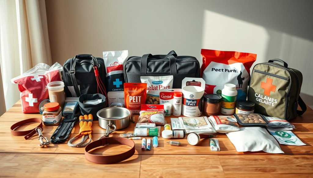 A well-stocked pet emergency kit arranged on a wooden table, featuring an assortment of supplies - leashes, bowls, food, medication, and first aid essentials. The lighting is soft and natural, with a warm, reassuring atmosphere. The layout is organized and thoughtful, conveying a sense of preparedness and care for the furry family members. The background is slightly blurred, keeping the focus on the essential items. The overall impression is one of a comprehensive, well-curated set of resources to ensure the safety and comfort of beloved pets during times of crisis or disaster.