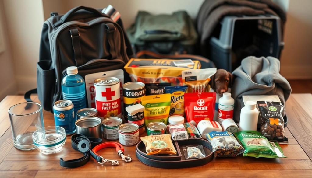 A well-stocked pet emergency preparedness kit, neatly arranged on a wooden table. In the foreground, a sturdy backpack, water bowls, leash, and first-aid supplies. The middle ground features canned pet food, treats, and medication. In the background, a cozy blanket, collapsible carrier, and other essentials. Soft, warm lighting illuminates the scene, conveying a sense of care and readiness. The overall composition suggests a thoughtful, organized approach to keeping pets safe during unexpected situations.