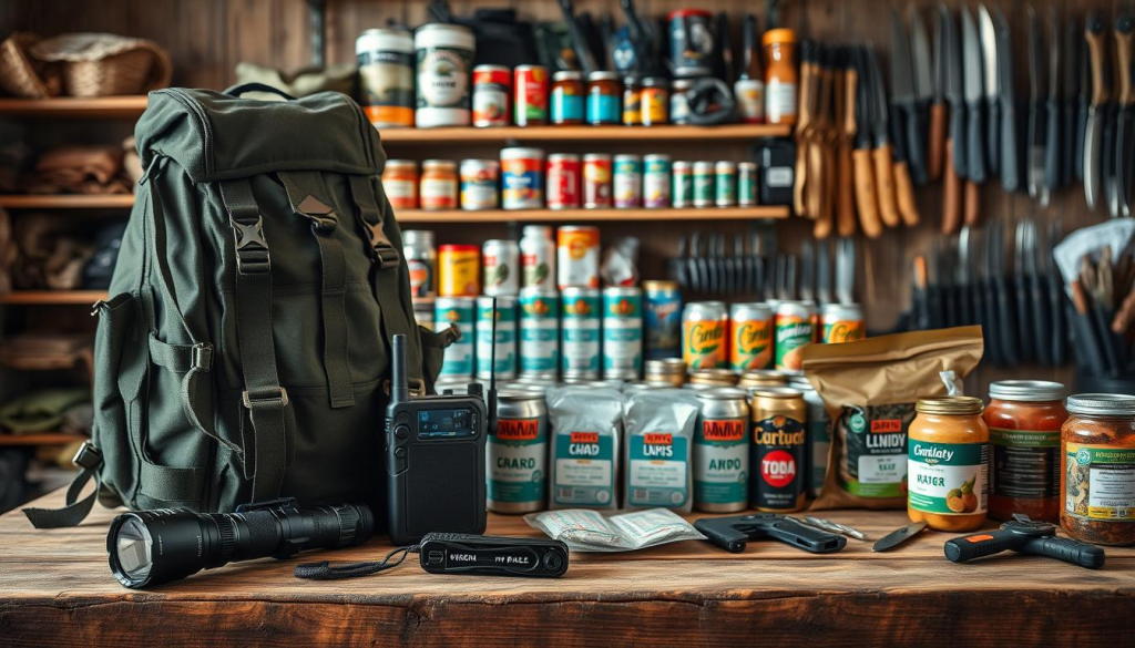 A well-stocked prepper's haven for a family of 6, captured in a warm, rustic still life. In the foreground, a sturdy survival backpack, tactical flashlight, emergency radio, and a compact multi-tool gleam against a weathered wooden table. In the middle ground, rows of canned goods, water purification tablets, and first aid kits stand ready. The background reveals a neatly organized shelving unit filled with camping gear, durable work gloves, and a collection of sturdy knives. Soft, natural lighting casts a comforting glow, conveying a sense of preparedness and self-reliance.