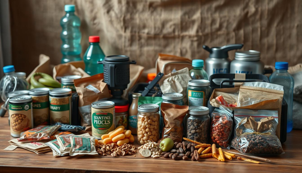 A well-stocked survival food supply, meticulously arranged on a wooden table. In the foreground, an array of canned goods, energy bars, and dried fruits in earthy tones. In the middle ground, a collection of water bottles, camping stove, and camping cookware. In the background, a backdrop of natural textures, such as burlap or canvas, conveying a sense of rugged preparedness. The lighting is soft and natural, casting gentle shadows to highlight the textures and details of the items. The overall atmosphere is one of self-reliance and resilience, evoking the preparedness and resourcefulness needed for any survival situation.