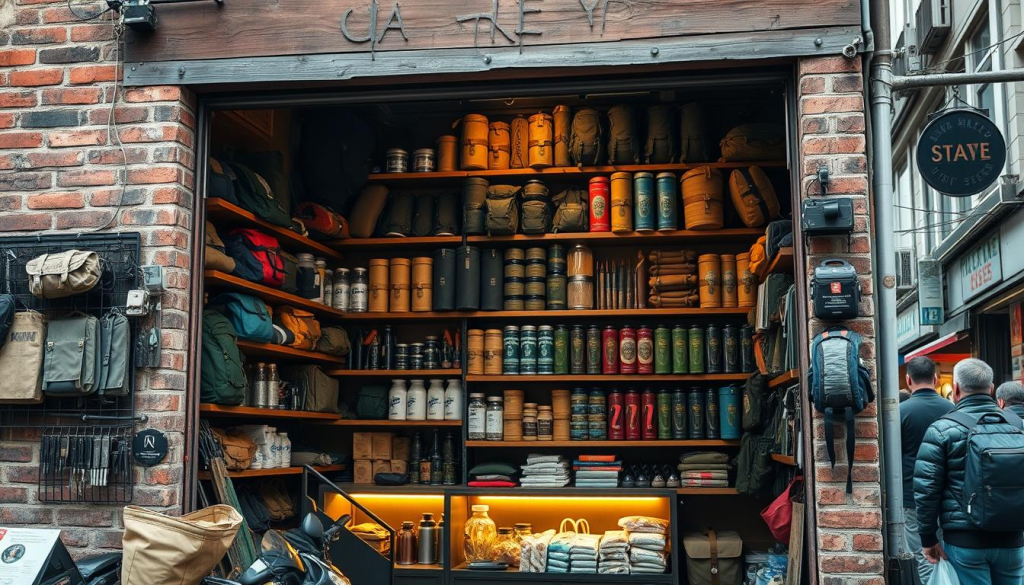 A well-stocked survival kit shop nestled in a bustling urban landscape. The storefront features a rugged, weathered aesthetic with exposed bricks and wooden beams, exuding an air of resilience. Shelves are brimming with an array of essential gear - backpacks, water purifiers, emergency supplies, and survival tools, all meticulously organized. Warm, directional lighting casts a cozy glow, highlighting the shop's practical yet inviting atmosphere. Outside, the street is alive with passersby, creating a sense of community and preparedness. The composition emphasizes the shop's central role in equipping individuals for unexpected challenges, making it the perfect destination for those seeking to assemble a comprehensive bug-out bag.