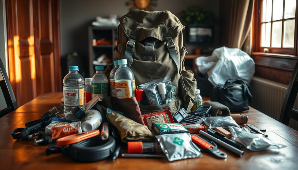 A well-worn backpack sits in the center of the frame, its contents spilling out onto a wooden table. Sunlight filters through a nearby window, casting a warm glow over the assortment of gear - water bottles, first-aid kits, survival tools, and more. The image conveys a sense of preparedness and careful consideration, as if the viewer is witnessing the process of curating the ideal bug-out bag. The backpack's weight is evident, but not overwhelming, suggesting a balance between essential supplies and portability. The overall scene exudes a sense of calm, practical resilience, hinting at the careful thought that has gone into determining the optimal weight for this essential survival kit.