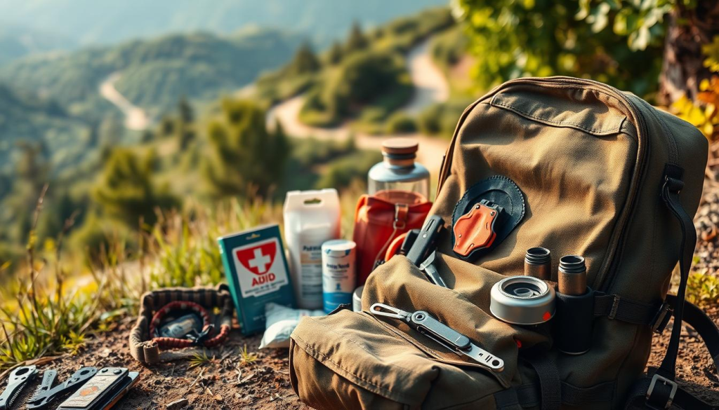 A well-worn, rugged backpack sits in the foreground, its durable fabric and sturdy zippers suggesting its utility as a "bug out bag." The middle ground showcases various essential survival gear, neatly arranged and ready for inclusion - a first-aid kit, a water filtration system, a multi-tool, and a compact camping stove. In the background, a serene natural setting, with lush greenery and a hint of a winding trail, conveys a sense of preparedness for the unexpected. The lighting is natural and warm, casting a subtle glow on the scene, while the camera angle is slightly elevated, providing a comprehensive view of the bug out bag's contents and the surrounding environment. The overall mood is one of practical resilience, conveying the importance of being ready for any emergency situation.
