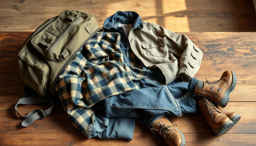 A well-worn, utilitarian backpack sits on a wooden table, its contents spilled out - practical, budget-friendly clothing items for a bug out scenario. A weathered flannel shirt, sturdy jeans, and a lightweight rain jacket in muted tones lay alongside sturdy boots and thick socks. Diffuse, natural lighting illuminates the scene, casting soft shadows that highlight the textural details of the fabrics. The overall mood is one of preparedness and practicality, conveying the idea of quality, durable essentials that won't break the bank.