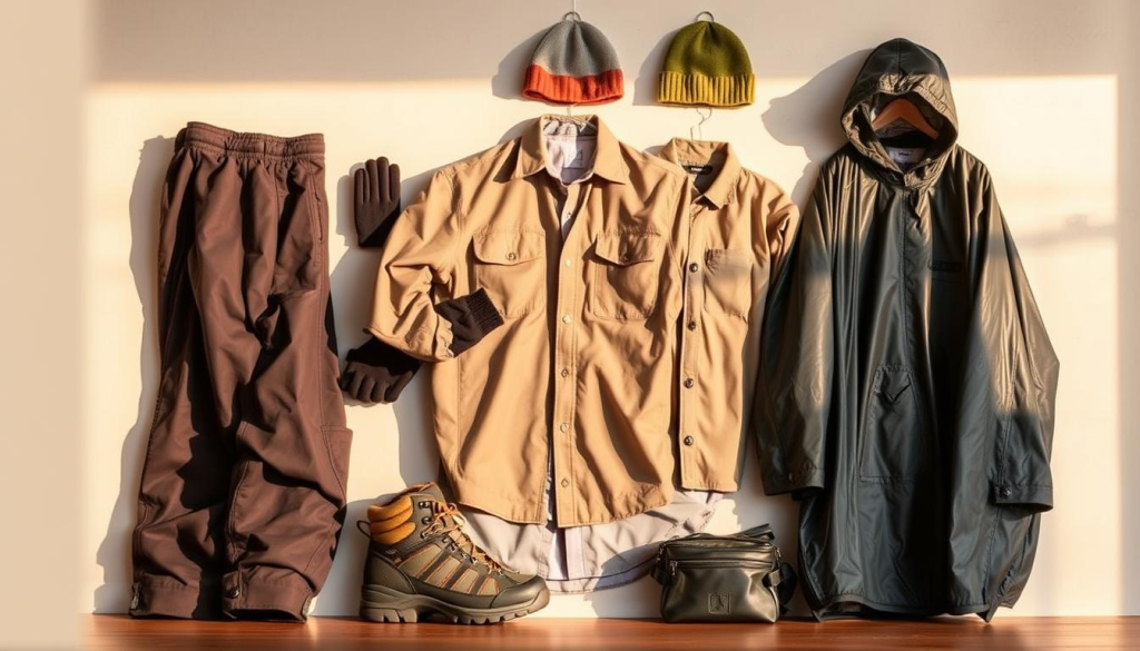 An assortment of essential clothing items neatly laid out against a neutral backdrop, bathed in warm, natural lighting. In the foreground, a rugged pair of cargo pants, a moisture-wicking base layer, and a durable hiking boot. The middle ground features a lightweight, windproof jacket, fingerless gloves, and a woolen beanie. In the background, a versatile button-down shirt and a compact rain poncho hang, ready for any unexpected weather. The arrangement conveys a sense of preparedness and functionality, capturing the "Essential Clothing Types for Your Bug Out Bag" with a visually appealing and informative presentation.
