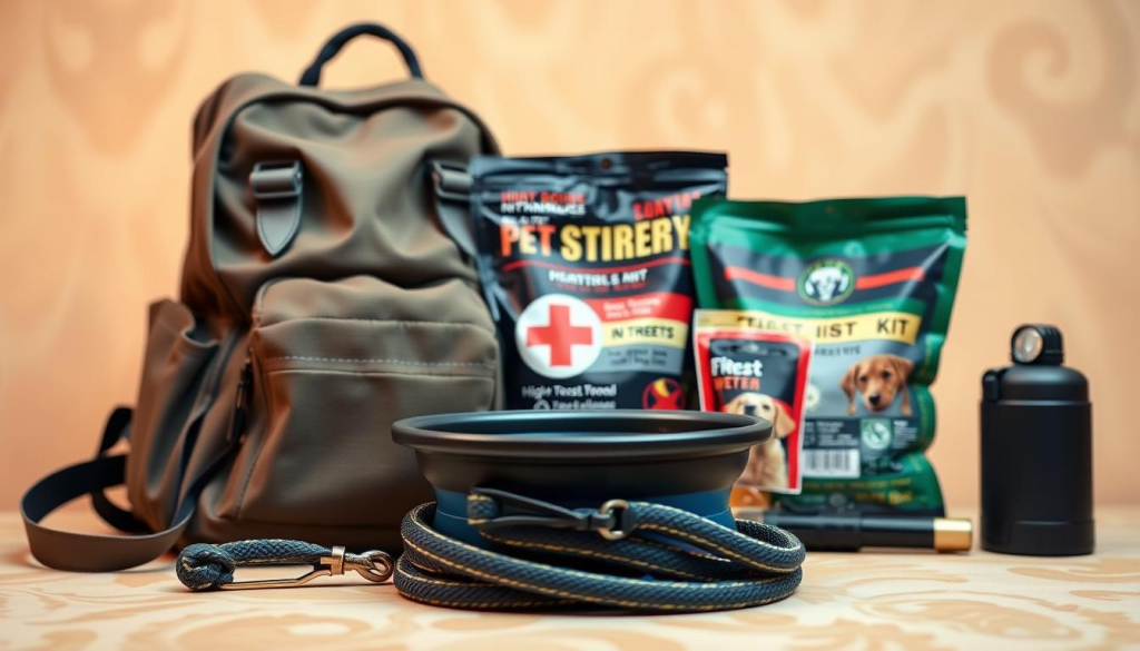 An assortment of essential pet supplies for emergencies, arranged neatly against a warm, earthy background. In the foreground, a sturdy canvas backpack, a collapsible water bowl, and a leash coiled with care. In the middle ground, a compact first aid kit, a bag of high-energy dog treats, and a small flashlight. The background is softly lit, with a sense of preparedness and calm. The overall composition conveys a sense of organization and readiness, perfectly suited for managing a dog's needs during a bug-out scenario.